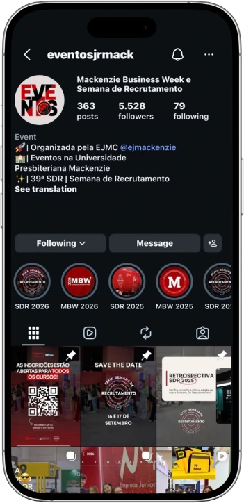Perfil @eventosjrmack no Instagram, com os destaques e as publicações dos eventos